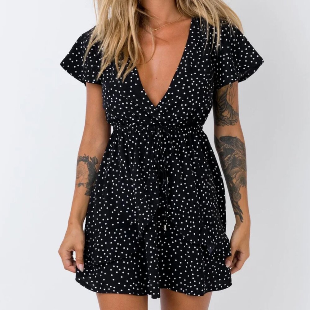 Princess Polly - Bobbie Black Polka Dot Tie Waist Dress